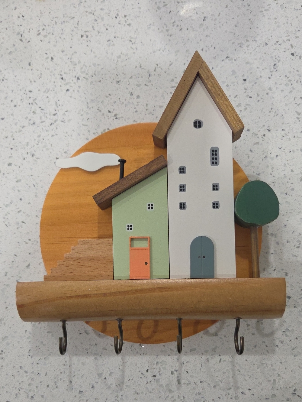 Decorative Wooden House Key Rack - Green, White, Orange